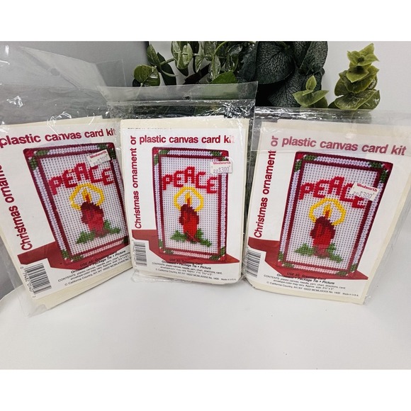 California Country Other - Vintage 1989 Christmas Card Kit Lot 3 Plastic Canvas Peace Candle Sealed USA